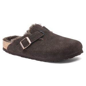 NIB Birkenstock Boston Mocca Shearling Suede Leather Narrow Width